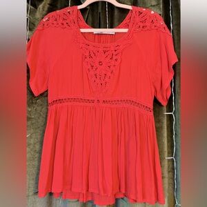 Solitaire Vibrant Orange Lace Accent Blouse - peplum- small